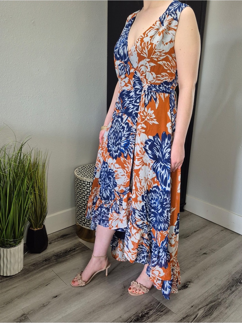 Lulus Rust & Navy Floral High-Low Wrap Dress
